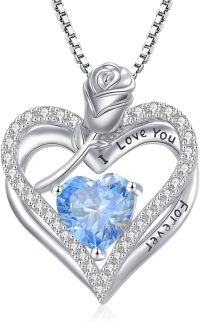 wholesale 925 Sterling Silver 12 Birthstone Double Heart Rose Necklace for Her-3-Mar-Aquamarine