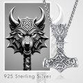 wholesale 925 Sterling Silver Viking Wolf Head Thor's Hammer Mjolnir Pendant Necklaces for Men with 3+2 Rolo Chains-0-5