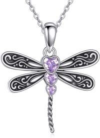 wholesale 925 Sterling Silver Dragonfly Necklace with Heart Birthstone Pendant Cute Insect  for Women Lovers-06-Jun-Alexandrite