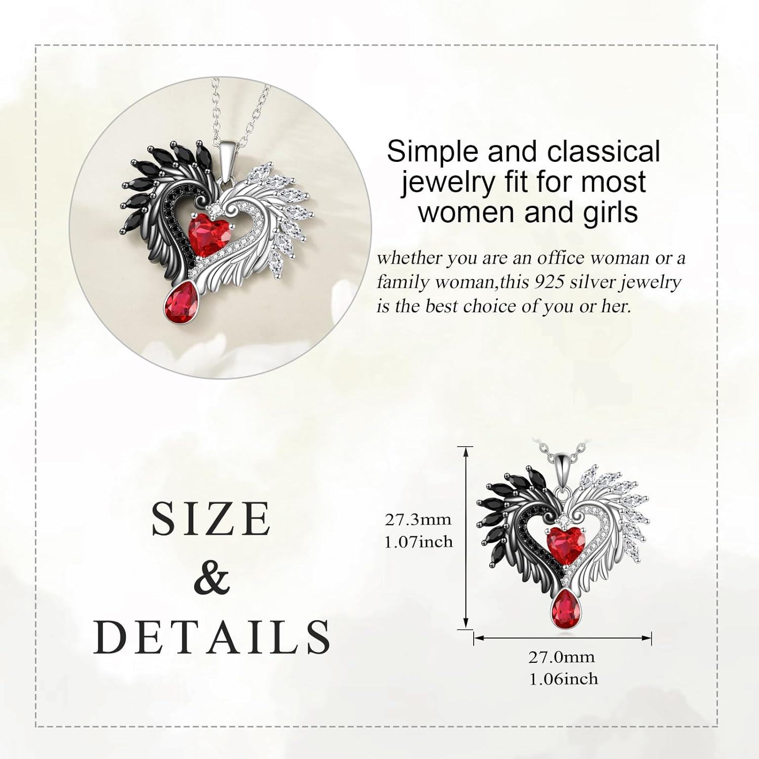 wholesale 925 Sterling Silver Heart Pendant with Wings and Red Stone Necklaces for Women Gothic Style Jewelry-0-2