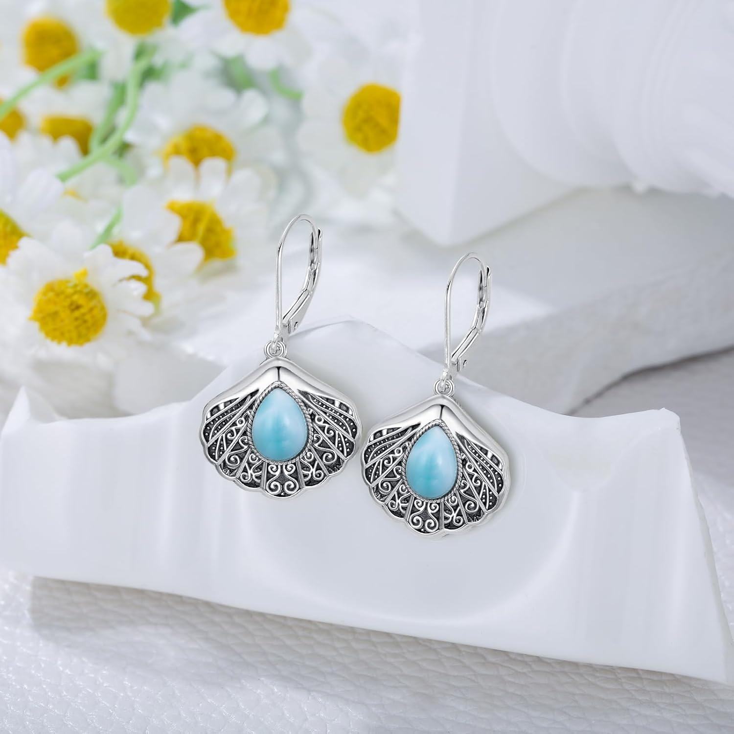 925 Sterling Silver Larimar Shell Drop Earrings-0-4
