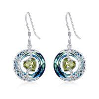 wholesale 925 Sterling Silver Purple Heart & Blue Swarovski Crystals Round Drop Earrings for Women-08-August-Peridot