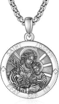 wholesale Sterling Silver Patron Saint Medal Amulet Necklace for Men 2 5mm 22 +2 Chain-A20-Saint Joseph