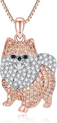 wholesale 925 Sterling Silver & Rose Gold Plated Pomeranian Pendant with Cubic Zirconia, Cute Dog Necklace Gift-Pomeranian