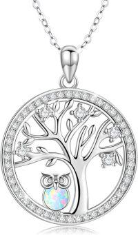wholesale 925 Sterling Silver Owl Tree of Life Pendant Necklace with Opal and Shell Elements-Opal Owl Tree of Life Necklace
