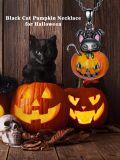wholesale 925 Sterling Silver Black Cat and Jack-o'-lantern Pendant Necklace with Pink Ears & Purple Nose - Halloween  for Women/Men-0-1