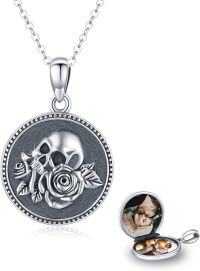 wholesale 925 Sterling Silver Round Photo Holder Pendant with Rose and Skull Design - Gothic Punk Style Jewellery Gift for Him-04- Skull Locket (NO Personalized )-04- Skull Locket (Personalized )
