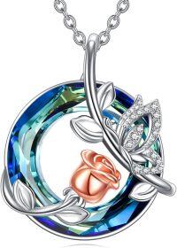 wholesale 925 Sterling Silver Rose and Leaf Design with Blue Crystal Pendant Necklace for Women-Butterfly
