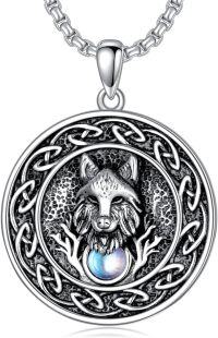 wholesale 925 Sterling Silver Wolf Head with Blue Stone Circle Pendant Necklace-Wolf