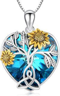 wholesale 925 Sterling Silver Heart-Shaped Tree of Life Pendant Necklace with Blue Crystal and Gold Sunflowers-I-Crystal Sunflower