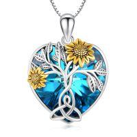 wholesale 925 Sterling Silver Sunflower Tree Of Life Heart Pendant Necklace With Blue Swarovski Crystal-I-Crystal Sunflower