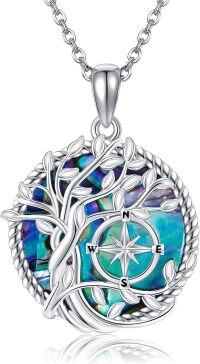 wholesale 925 Sterling Silver Compass & Tree of Life Abalone Shell Pendant Necklace-Compass