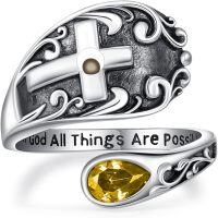 wholesale Sterling Silver with 12 Teardrop Birthstones Vintage Cross Spoon Ring With God All Things Possible Adjustable Faith Ring-November