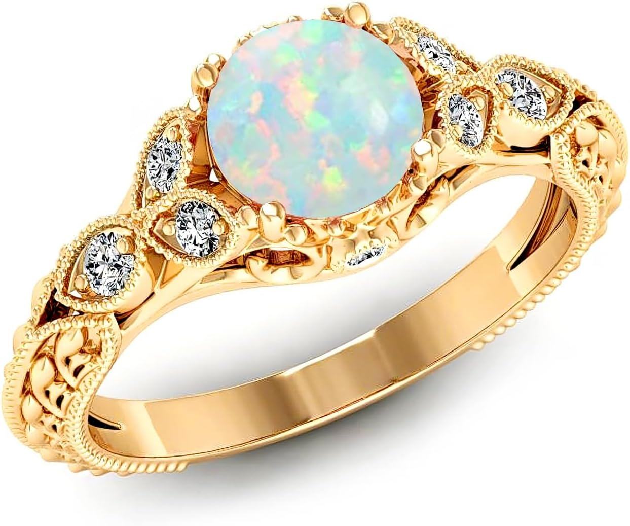 14K Gold Round Cut Gemstone Vintage Engagement Ring for Women 1ct-Pink Tourmaline-Moissanite-Created Alexandrite-Created Opal-Created Sapphire