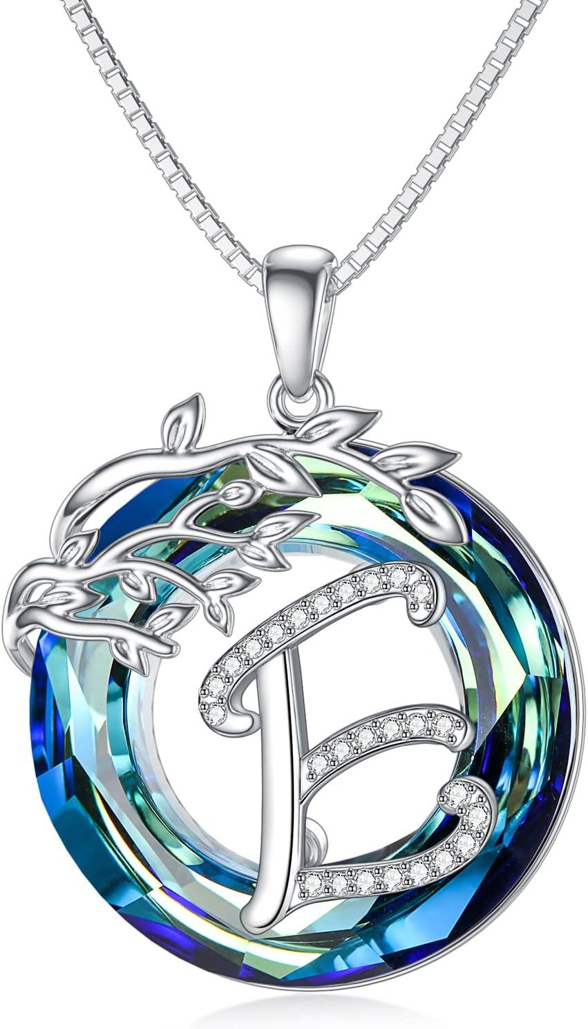 Sterling Silver Blue Crystal Tree of Life A Z Letter Pendant Necklace-Alphabet E