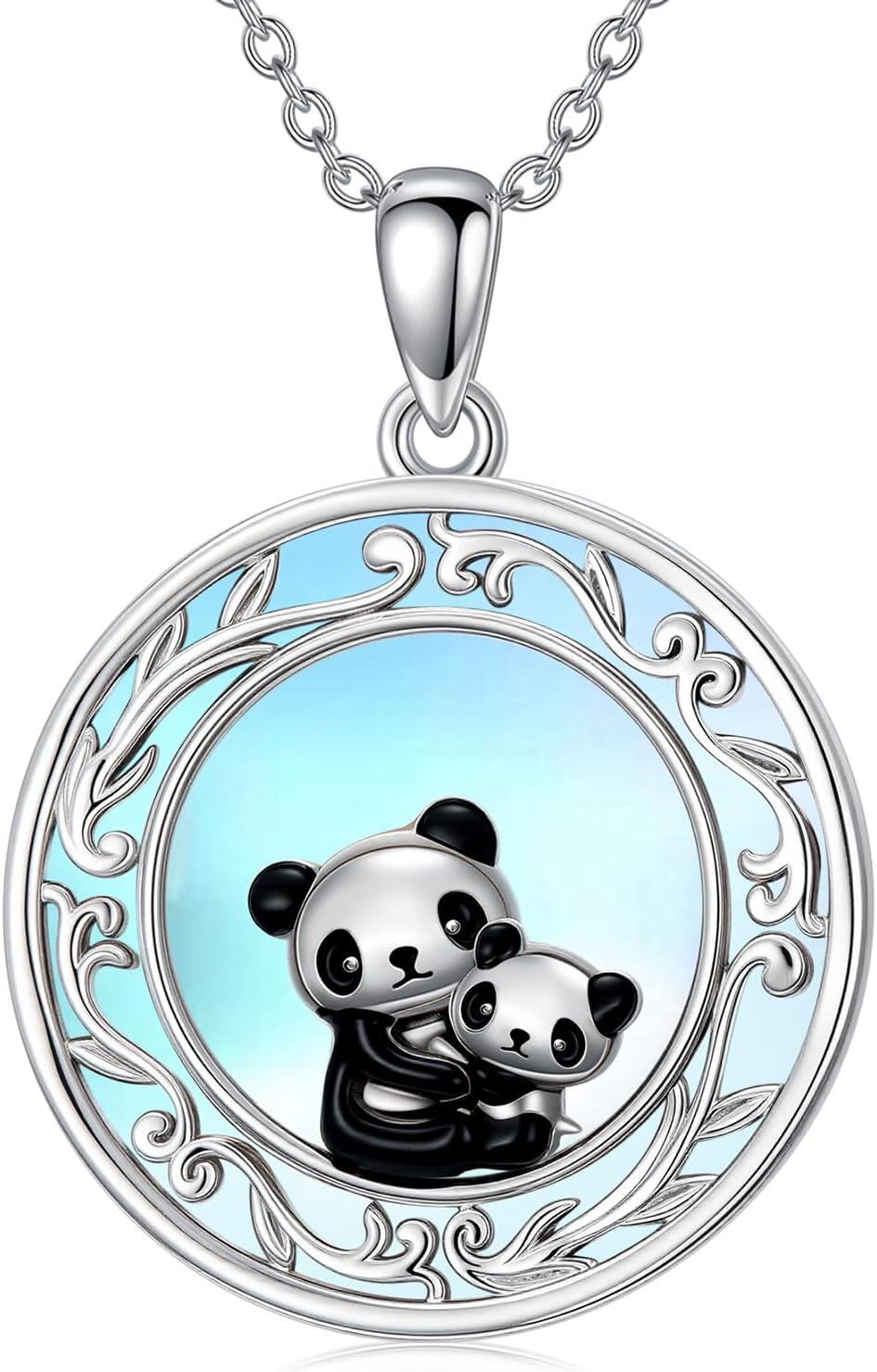 wholesale 925 Sterling Silver Round Moonstone Mother and Baby Panda Pendant Necklace-0-0