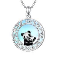 wholesale 925 Sterling Silver Round Moonstone Mother and Baby Panda Pendant Necklace-Style 4