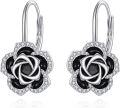 wholesale 925 Sterling Silver Black Enamel & Cubic Zirconia Floral Drop Dangle Lever Back Earrings for Women Gifts 43mm x 8 mm-0-0