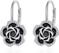 wholesale 925 Sterling Silver Black Enamel & Cubic Zirconia Floral Drop Dangle Lever Back Earrings for Women Gifts 43mm x 8 mm-camellia