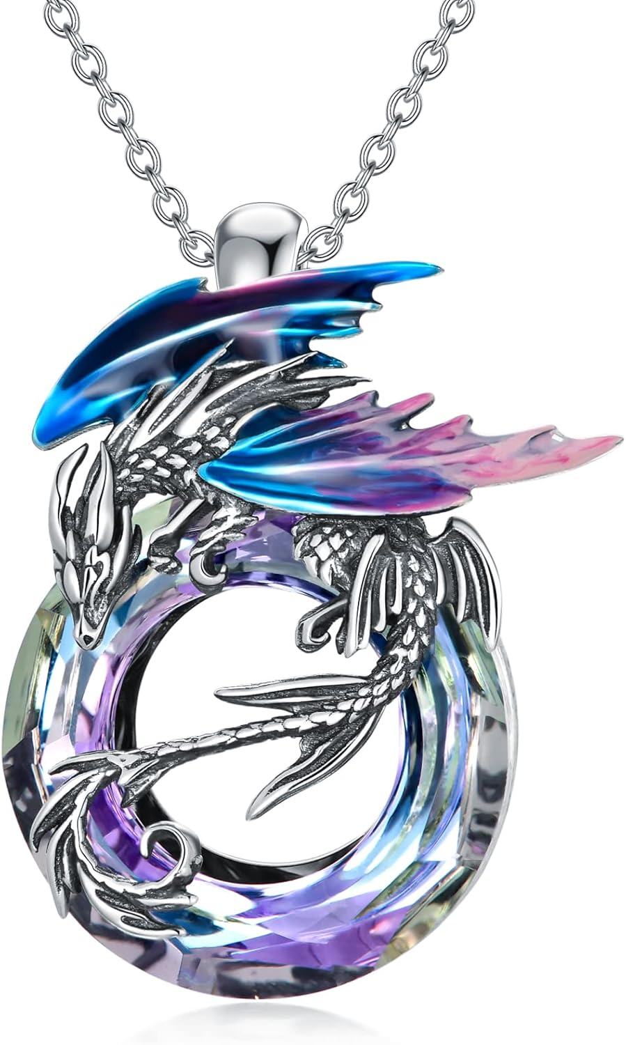 Sterling Silver Crystal Dragon Wyvern Necklace Jewelry Gift for Women-Purple-B