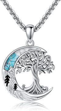 wholesale 925 Sterling Silver Turquoise Tree of Life Crescent Moon Necklace Pendant Jewelry for Women Girls Gifts 43mm x 67mm-Tree of Life