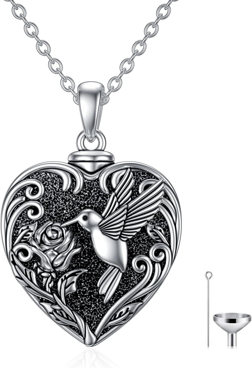  Sterling Silver Heart Hummingbird Urn Necklace for Ashes Memorial Keepsake -A-Hummingbird-Silver