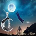 wholesale 925 Sterling Silver Crescent Moon Pendant with Black Enamel and Dangling Cat Charm Necklace-0-5