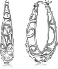wholesale 925 Sterling Silver Hypoallergenic Lightweight Twist Scrollwork Hoop Earrings with Click-Top Closure-Filigree Hoop Earrings