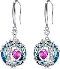 wholesale 925 Sterling Silver Austrian Crystal Tree of Life Birthstone Dangle Earrings for Women-10-Oct-Pink Tourmaline