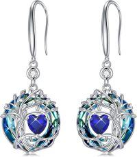 wholesale 925 Sterling Silver Austrian Crystal Tree of Life Birthstone Dangle Earrings for Women-09-Sep-Sapphire