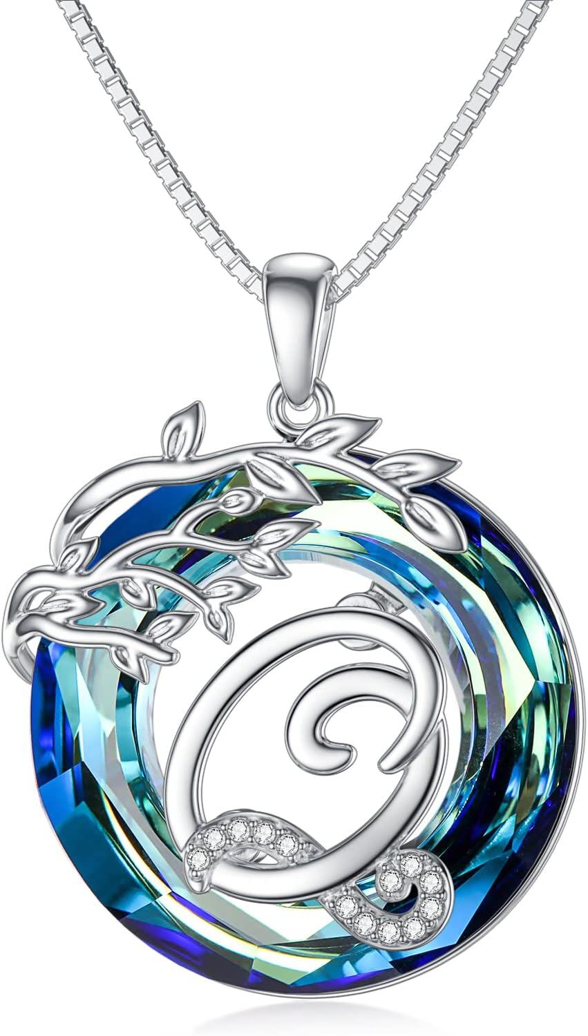 Sterling Silver Blue Crystal Tree of Life A Z Letter Pendant Necklace-Alphabet Q
