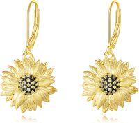 wholesale 925 Sterling Silver Sunflower Leverback Earrings with Black and Yellow CZs-Sunflower