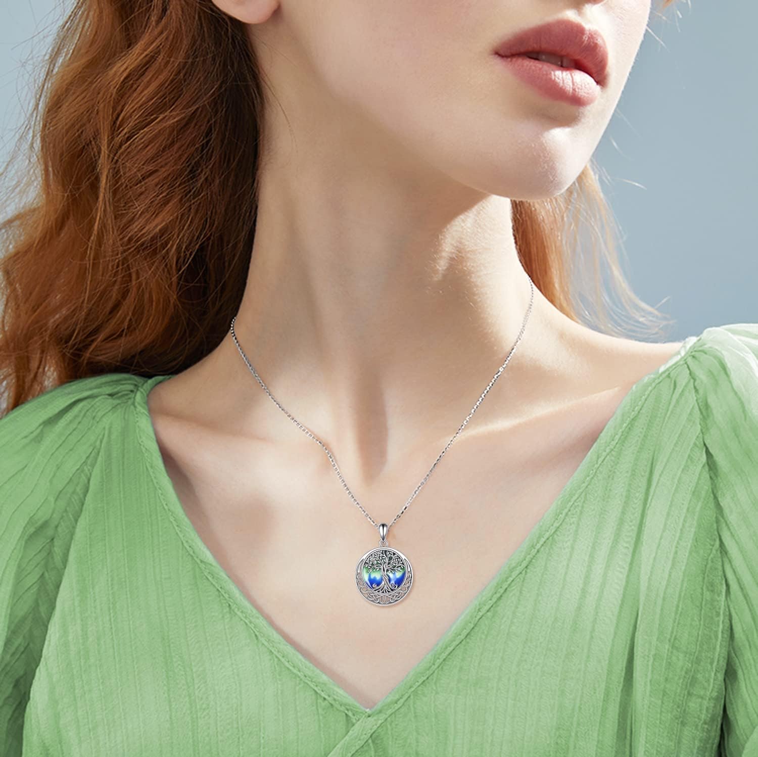wholesale 925 Sterling Silver Celtic Knot Tree of Life Green Blue Agate Pendant Necklace-0-1