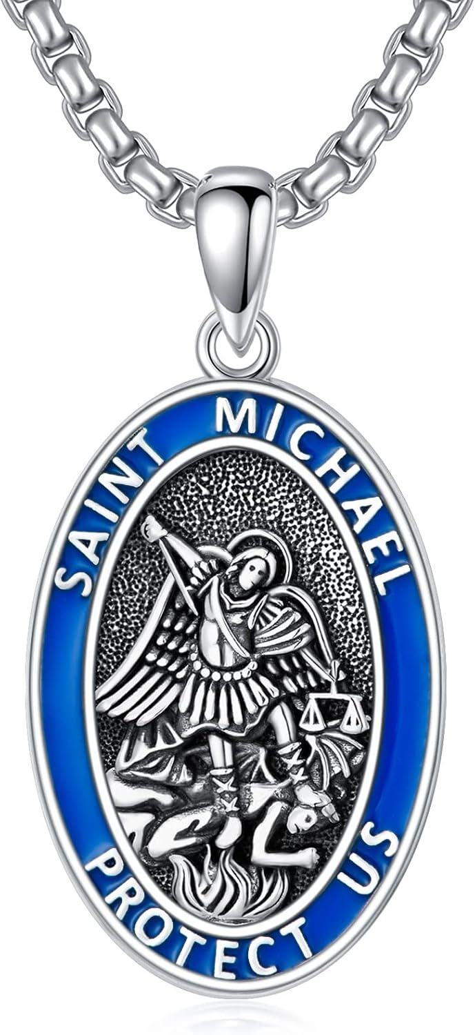 Sterling Silver Oval St Michael St Christopher Medal Archangel Cross Necklace w 22 +2 Chain-A03-St Michael (Blue)