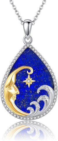 wholesale 925 Sterling Silver Teardrop Abalone Shell & Lapis Lazuli Starry Night Pendant Necklace-Teardrop Moon