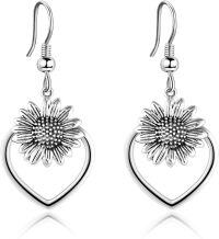 wholesale 925 Sterling Silver Heart-Shaped Sunflower Dangle Drop Earrings with Floral Design for Women-3-Sunflower Heart Oxidizied