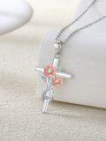 wholesale 925 Sterling Silver 925 Rose Gold Plated Floral Cross Pendant Necklace with Cubic Zirconias for Women-0-3