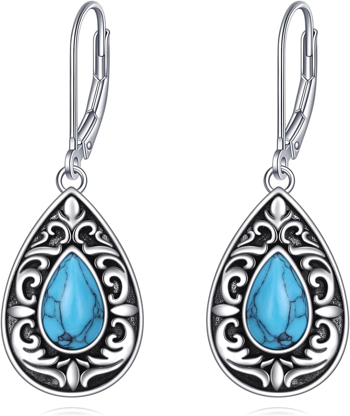 Sterling Silver Lapis Turquoise Onyx Agate Dangle Drop Leverback Earrings Western Boho Vintage Jewelry-0-0
