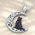 wholesale 925 Sterling Silver Black Cat & Crescent Moon with Cubic Zirconias Pendant Necklace for Women-0-4