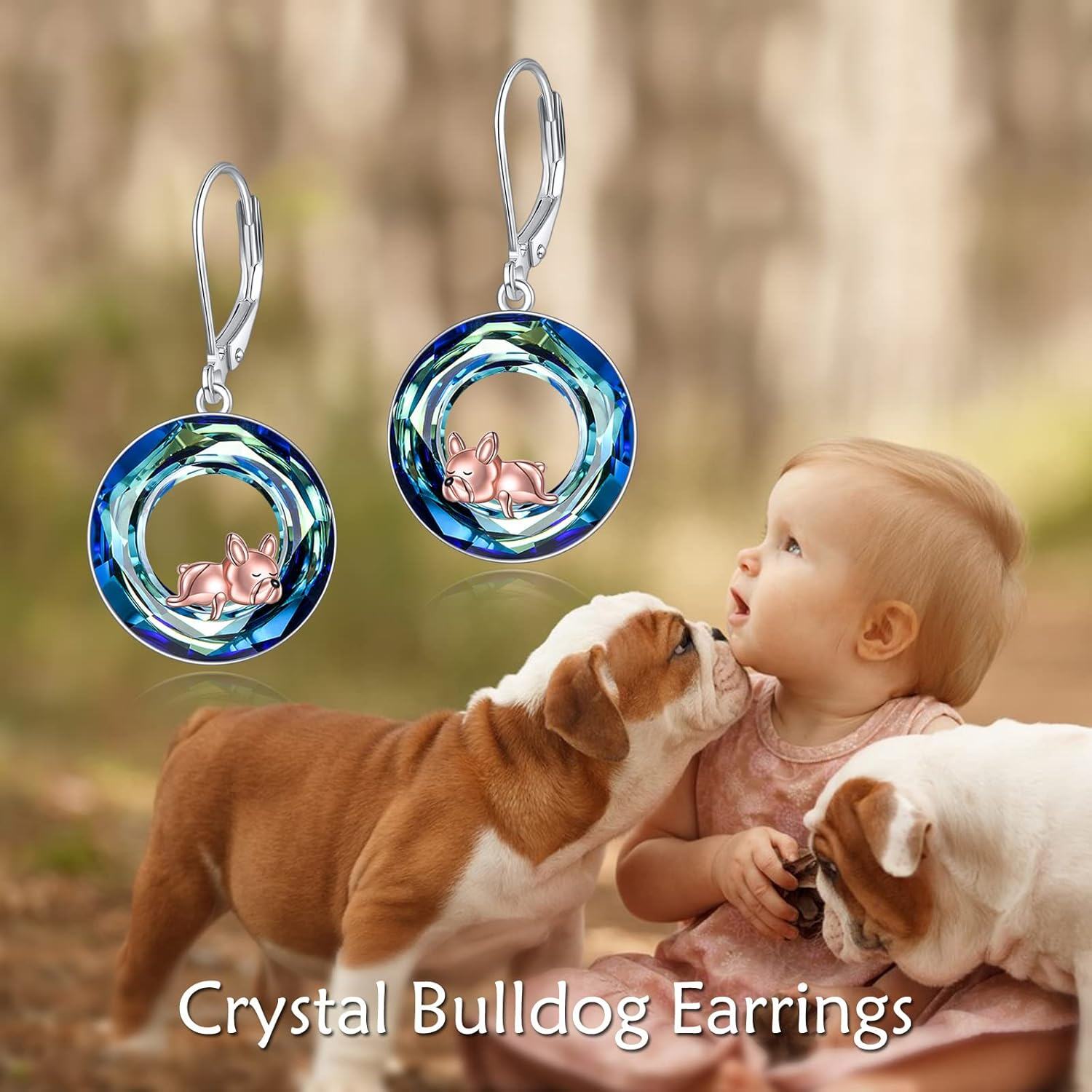 Sterling Silver Blue Crystal French Bulldog Leverback Earrings for Women-0-4