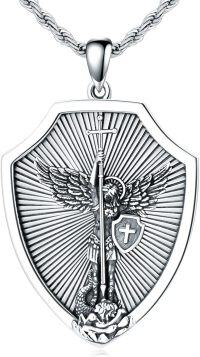 wholesale 925 Sterling Silver Saint Michael Shield Cross Sword Religious Medal Pendant Necklace  s for Men Women Boys Girls-C-Saint Michael