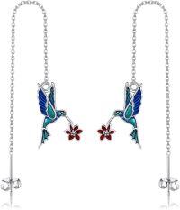 wholesale 925 Sterling Silver Hummingbird Stud Earrings with Enamel and Flower Accents - Mother's Day Gift Idea-Threader Hummingbird-Threader Hummingbird