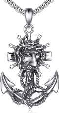 wholesale 925 Sterling Silver Jesus Head with Cross and Anchor Pendant Necklace  for Men's Religious Gifts-0-0