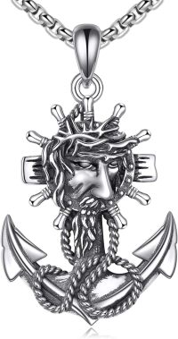 wholesale 925 Sterling Silver Jesus Head with Cross and Anchor Pendant Necklace  for Men's Religious Gifts-Jesus Anchor