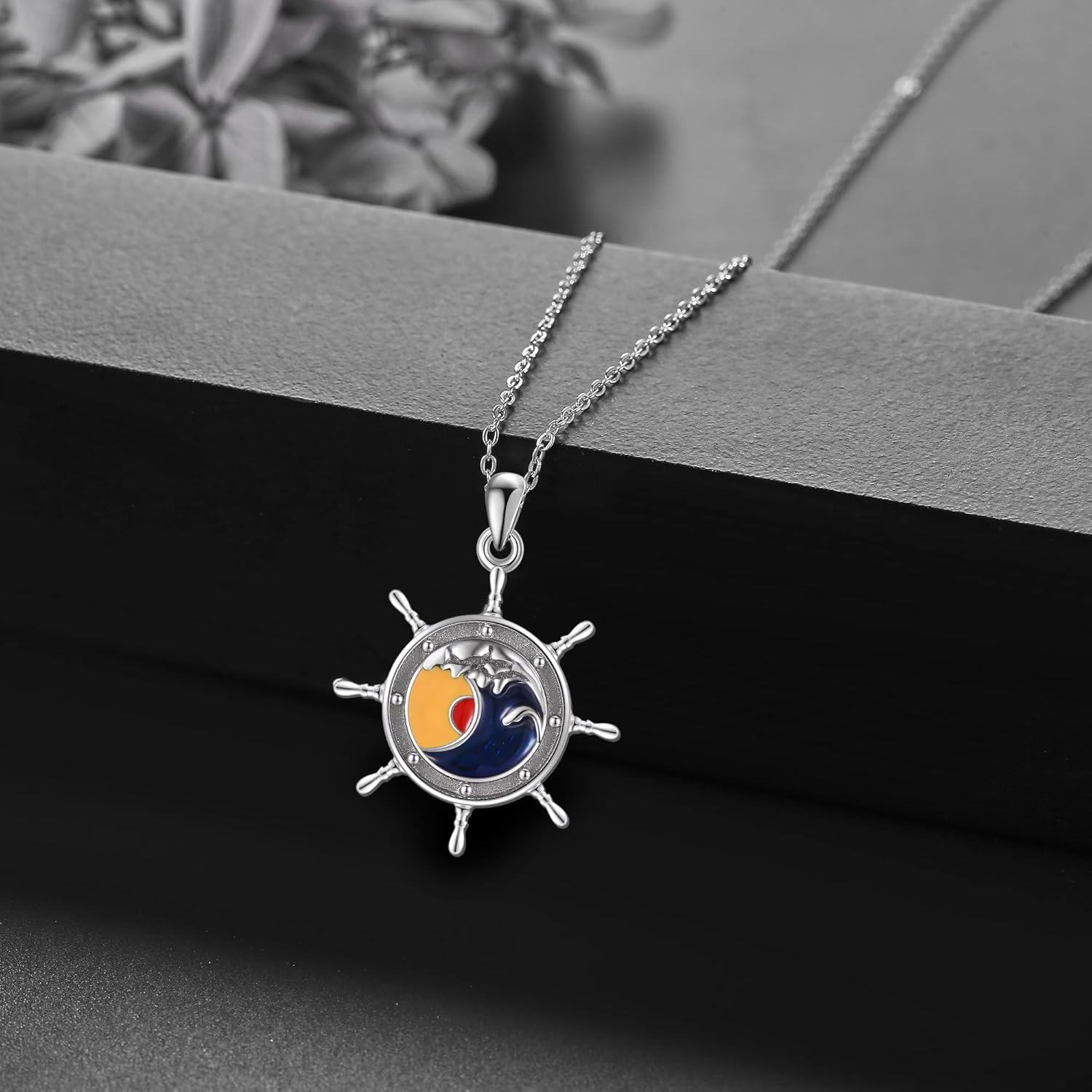 wholesale 925 Sterling Silver Round Compass Abalone Shell Pendant Necklaces for Women Men s 45cm Chain Length-0-4