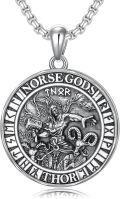 wholesale 925 Sterling Silver Thor Pendant Nordic God of Thunder Mens Necklace Norse Mythology  3D Design with Rune Symbols and Wolf Head Charm-0-0