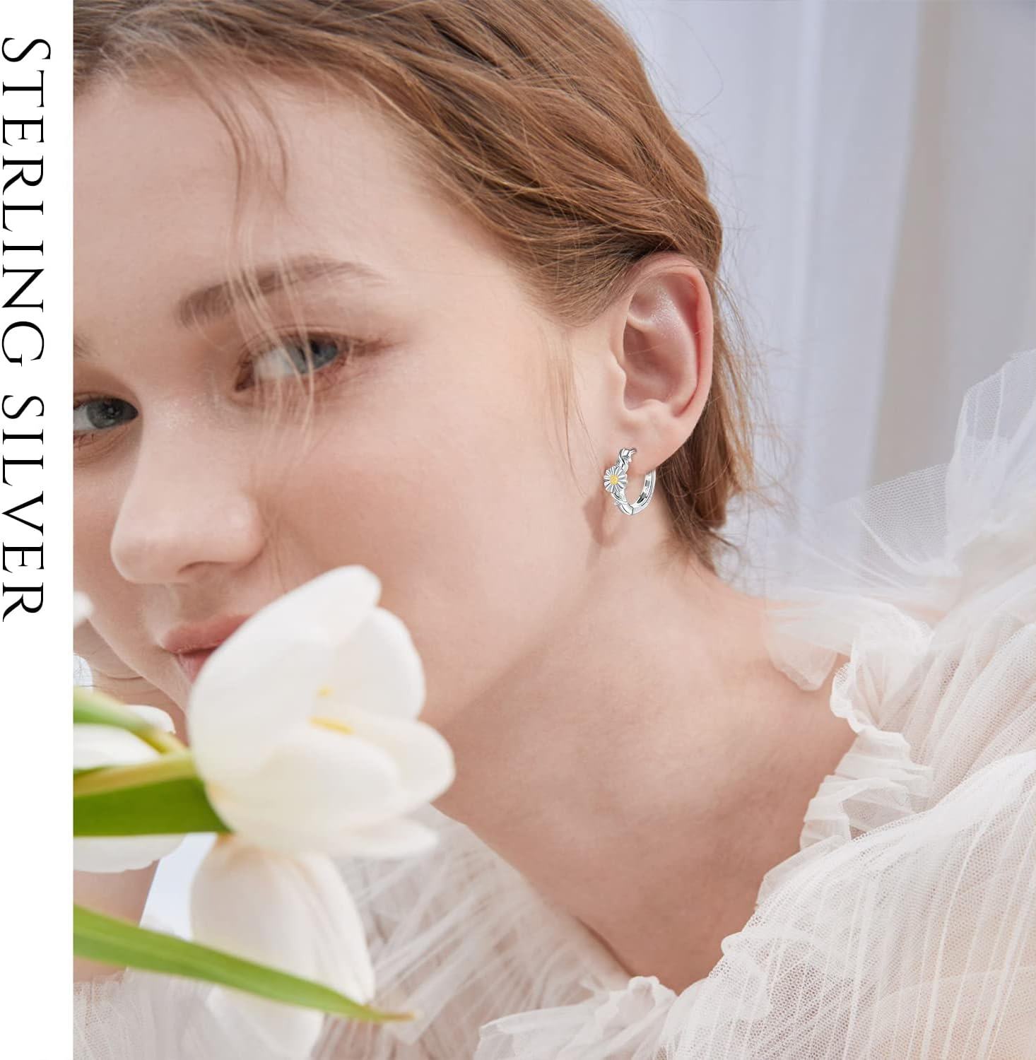 925 Sterling Silver Daisy Flower Huggie Hoop Earrings for Women Girls - Hypoallergenic Gift Set-0-1