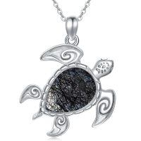 wholesale 925 Sterling Silver Black Labradorite Sea Turtle Necklace with Palm Tree Design for Women and Girls-B-Sea Turtle-Black Rutilated Quartz