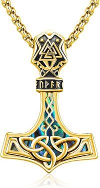 wholesale Sterling Silver Viking Necklace with Mjolnir Yggdrasil Wolf Deer Raven Dragon Pendant Norse Jewelry Gifts-A07 - Gold Thors Hammer (Abalone Shell)