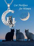 wholesale 925 Sterling Silver Moonstone Cat Family Pendant Necklace with Stars and Engraving - Gifts for Women-0-2